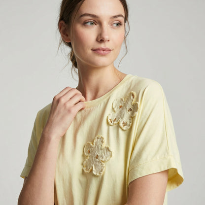 T-Shirt Manche Courte Motif Fleur Brodé Sequins 100% Coton