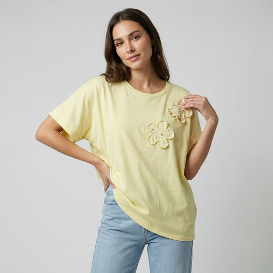 T-Shirt Manche Courte Motif Fleur Brodé Sequins 100% Coton