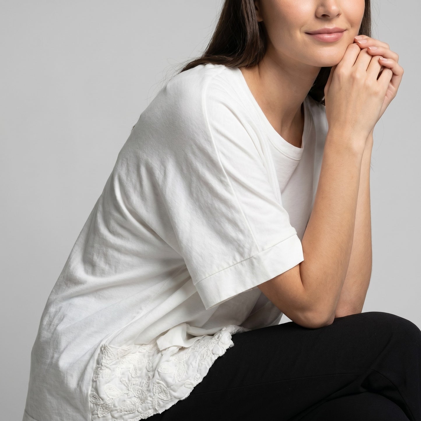 T-Shirt Large Manche Courte Asymétrique Dentelle 100% Coton