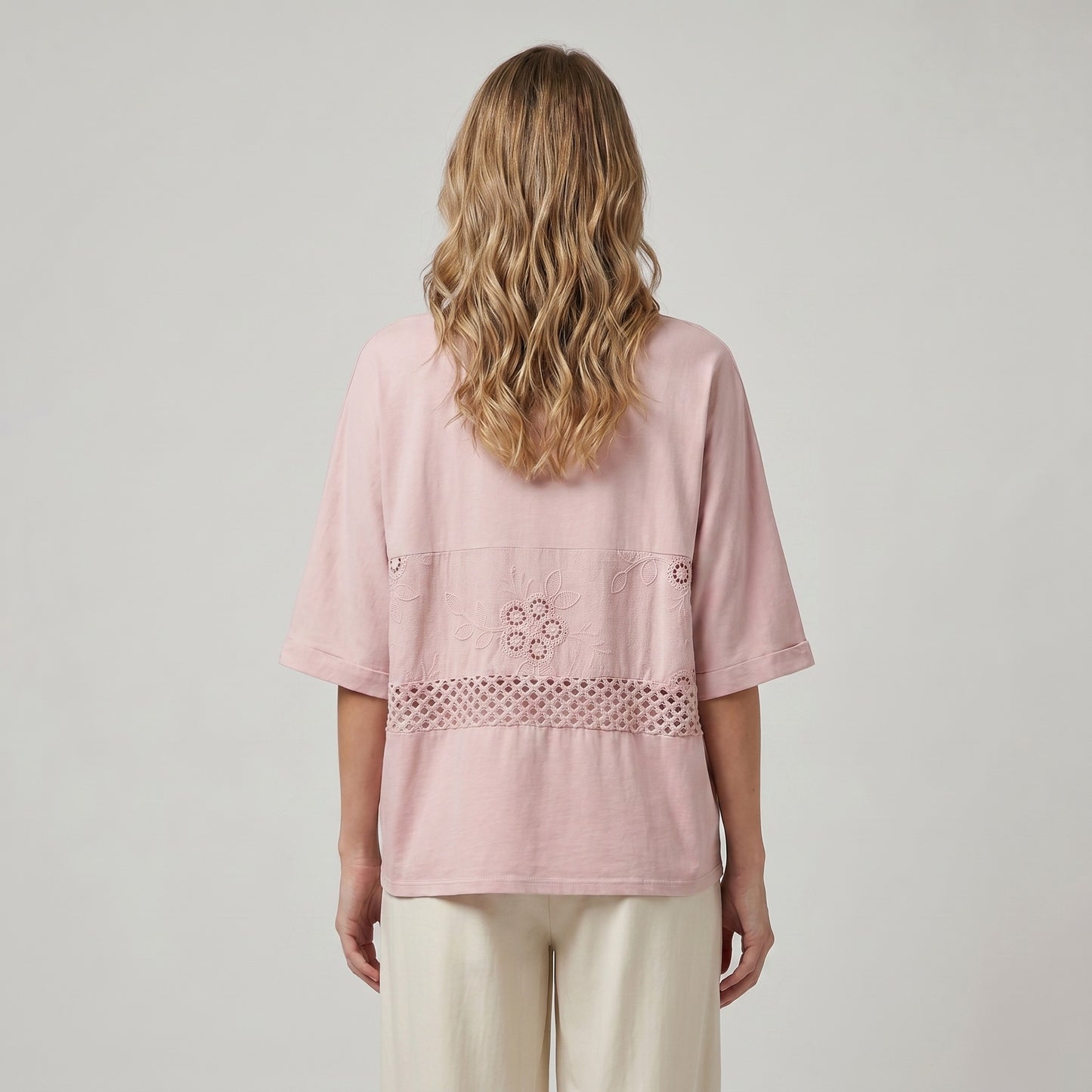 T-Shirt Manche 3/4 Large Broderie Maille Ajourée 100% Coton