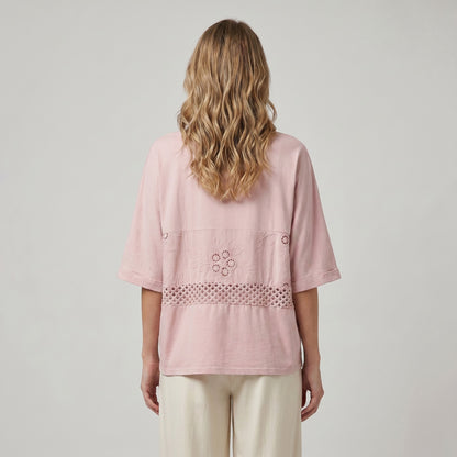 T-Shirt Manche 3/4 Large Broderie Maille Ajourée 100% Coton