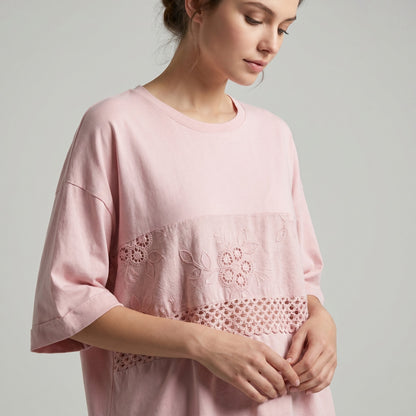 T-Shirt Manche 3/4 Large Broderie Maille Ajourée 100% Coton