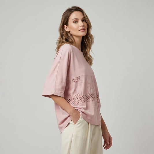 T-Shirt Manche 3/4 Large Broderie Maille Ajourée 100% Coton