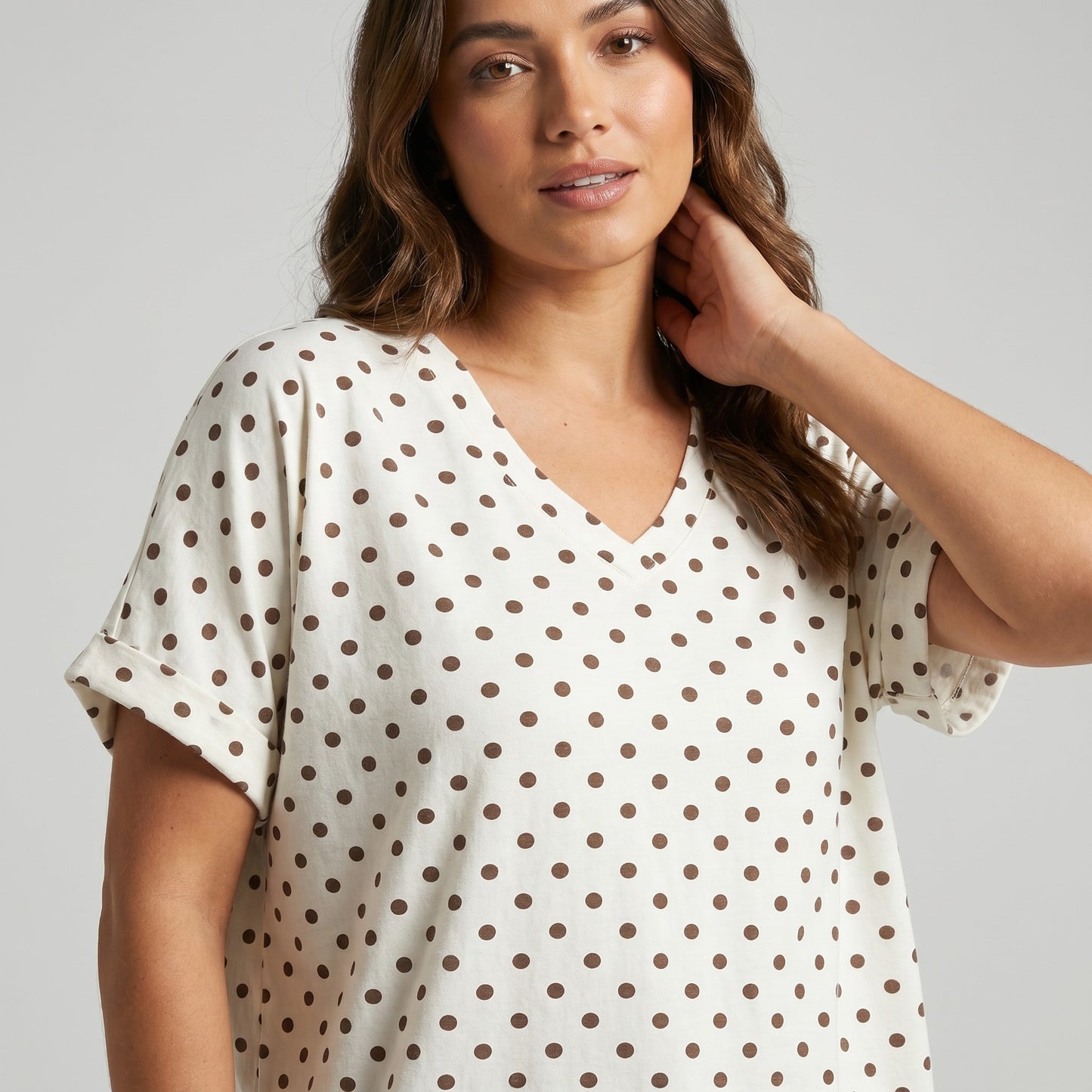 T-Shirt Large Col V Manche Courte Motif Pois 100% Coton