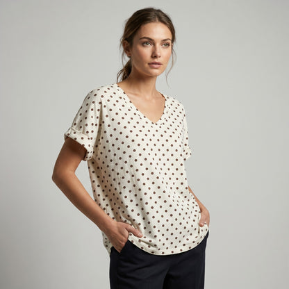 T-Shirt Large Col V Manche Courte Motif Pois 100% Coton