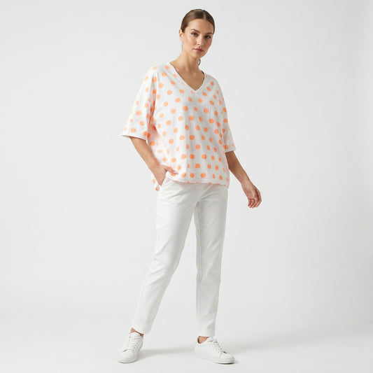 T-Shirt Large Manche Courte Col V Pois Colorés 100% Coton