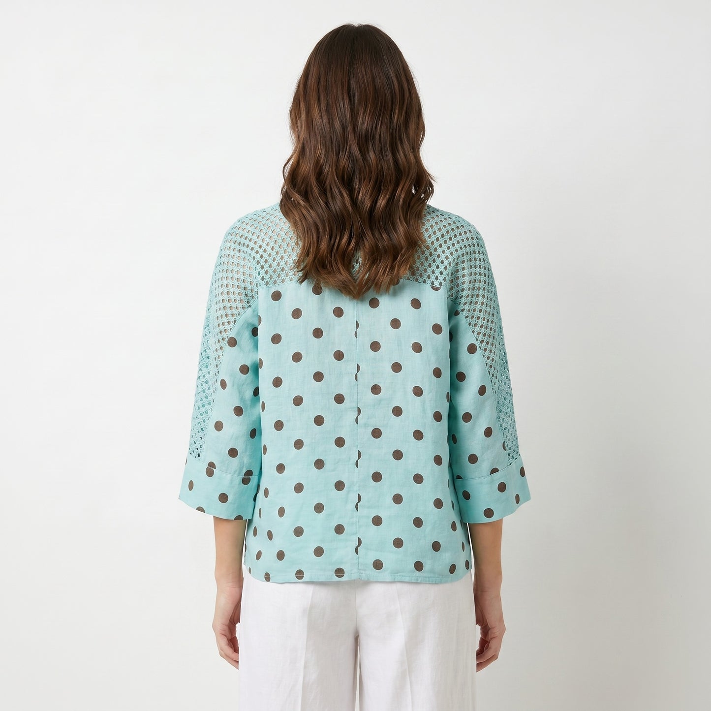 Chemisier Manche 3/4 à Maille Ajourée Motif Pois 100% Lin