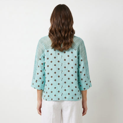 Chemisier Manche 3/4 à Maille Ajourée Motif Pois 100% Lin