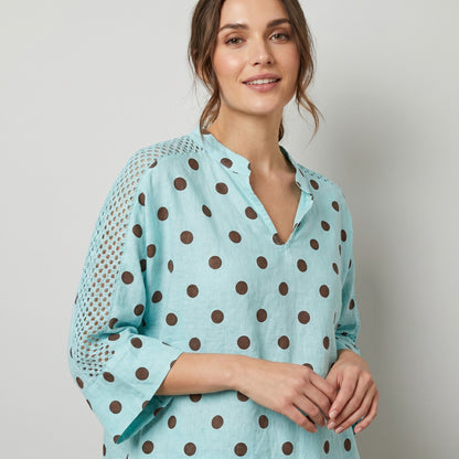 Chemisier Manche 3/4 à Maille Ajourée Motif Pois 100% Lin
