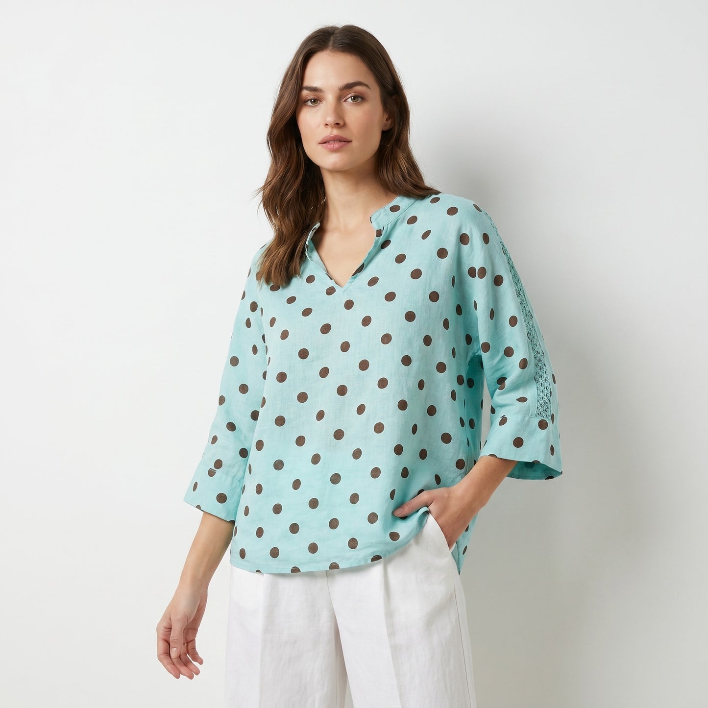 Chemisier Manche 3/4 à Maille Ajourée Motif Pois 100% Lin