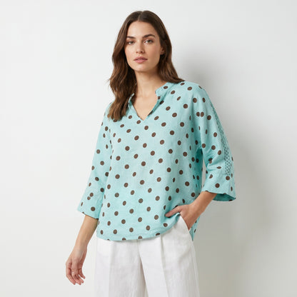 Chemisier Manche 3/4 à Maille Ajourée Motif Pois 100% Lin