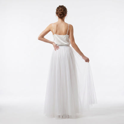Jupe Longue Tulle Blanc à Doublure Taille Haute