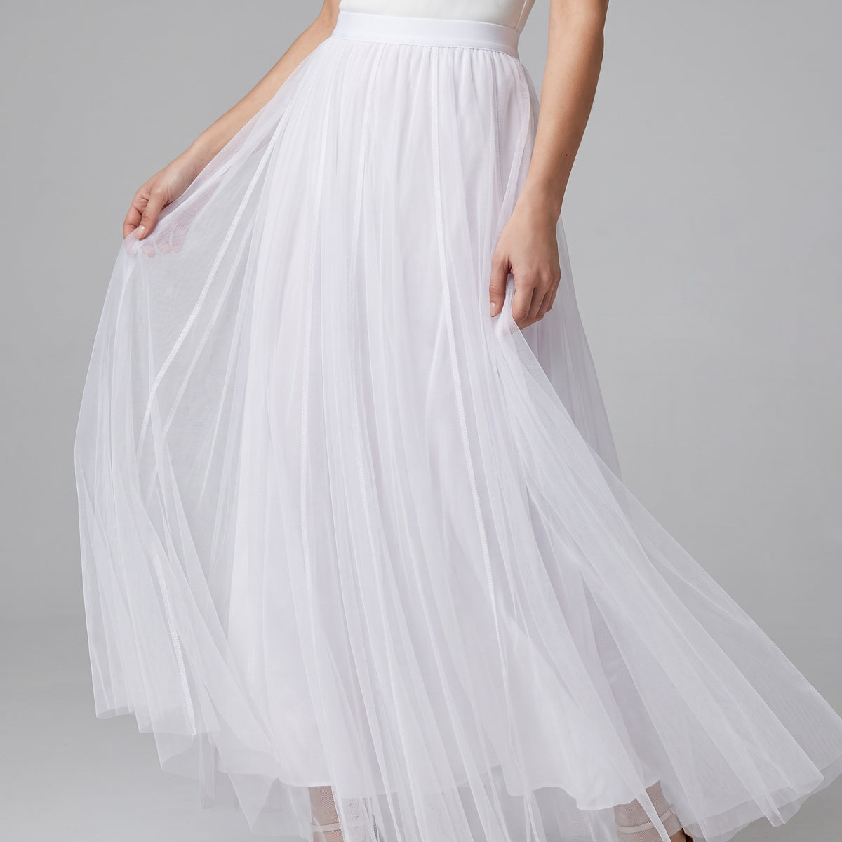 Jupe Longue Tulle Blanc à Doublure Taille Haute