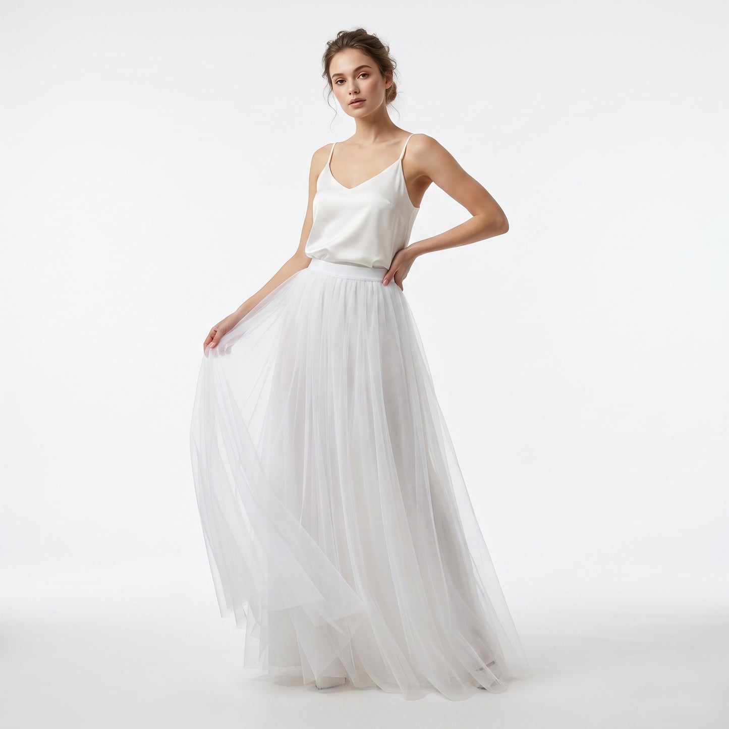 Jupe Longue Tulle Blanc à Doublure Taille Haute