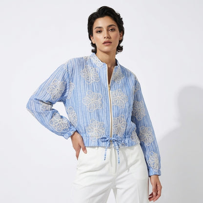 Blouson Léger Rayures Verticales Zippé à Broderie Anglaise
