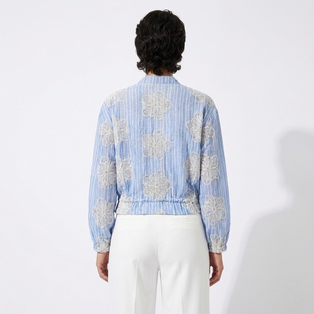 Blouson Léger Rayures Verticales Zippé à Broderie Anglaise