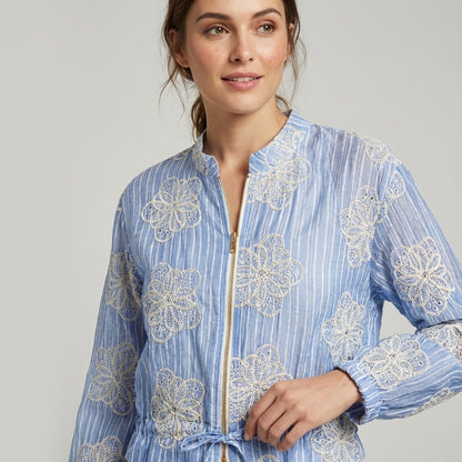 Blouson Léger Rayures Verticales Zippé à Broderie Anglaise