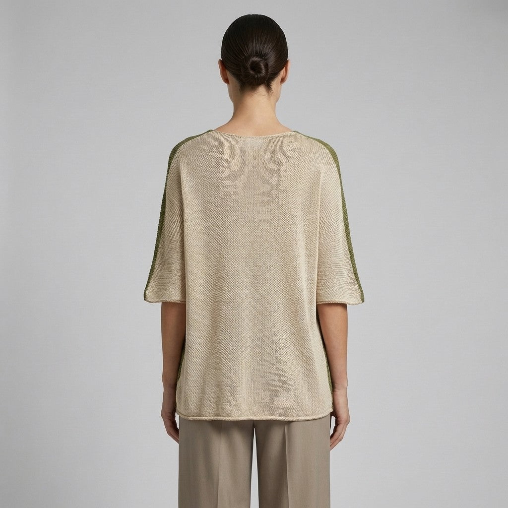 Pull Maille Large Col V Manche 3/4 Bicolore 50% Coton