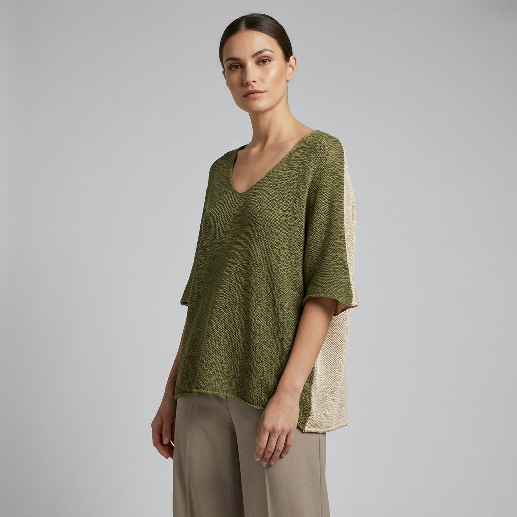 Pull Maille Large Col V Manche 3/4 Bicolore 50% Coton