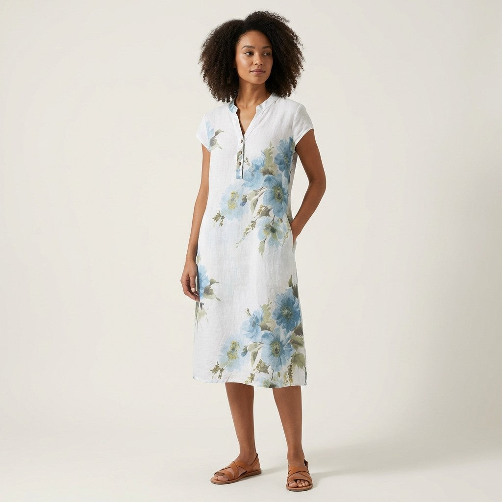 Tunique Manche Courte Motif Fleurie Col Tunisien 100% Lin