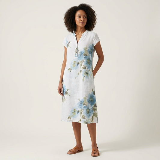 Tunique Manche Courte Motif Fleurie Col Tunisien 100% Lin