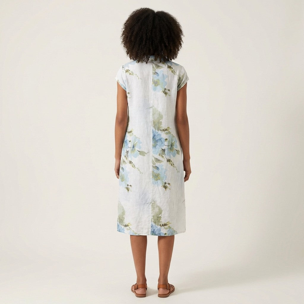 Tunique Manche Courte Motif Fleurie Col Tunisien 100% Lin