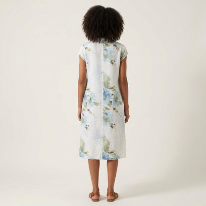 Tunique Manche Courte Motif Fleurie Col Tunisien 100% Lin