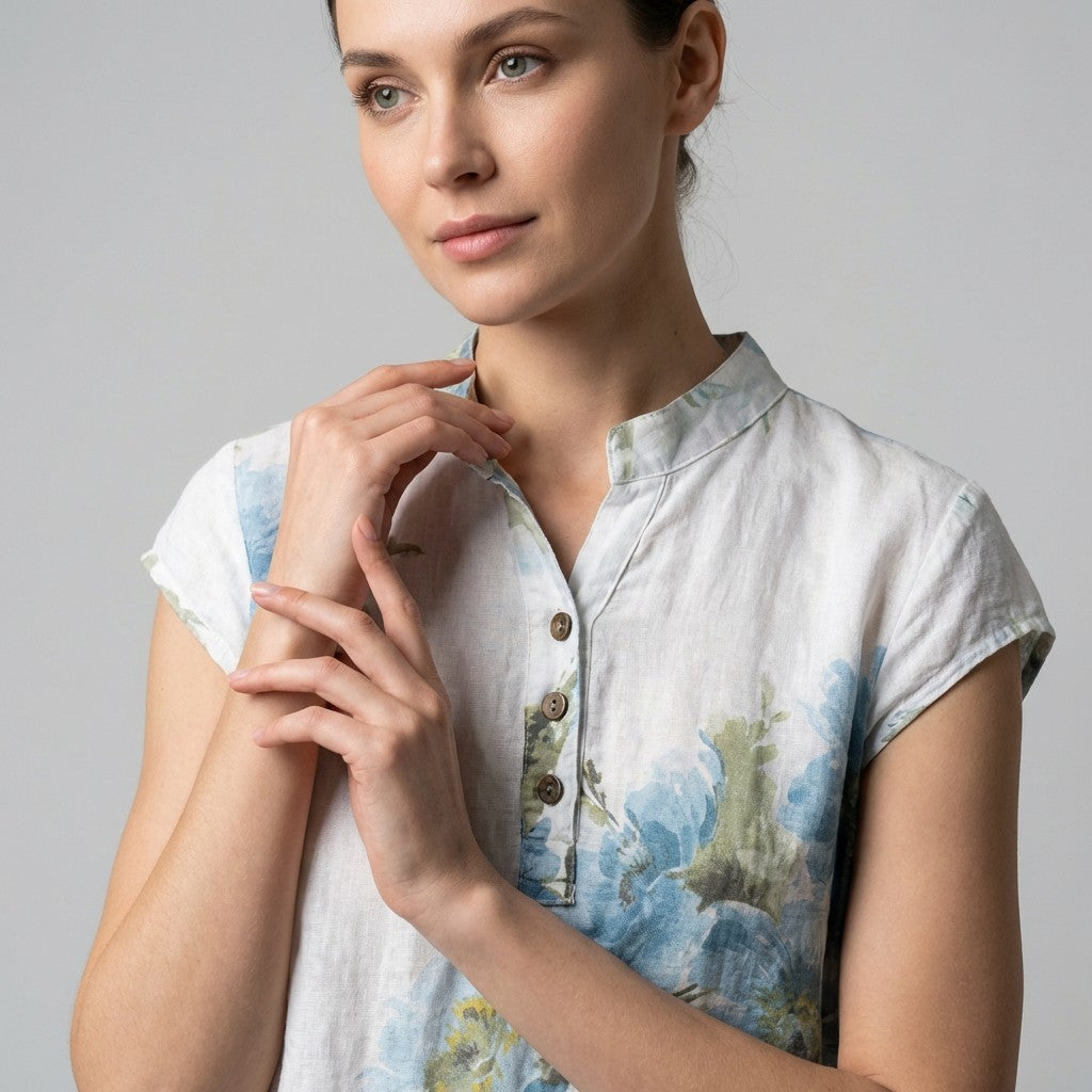 Tunique Manche Courte Motif Fleurie Col Tunisien 100% Lin