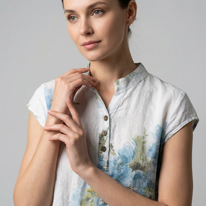 Tunique Manche Courte Motif Fleurie Col Tunisien 100% Lin