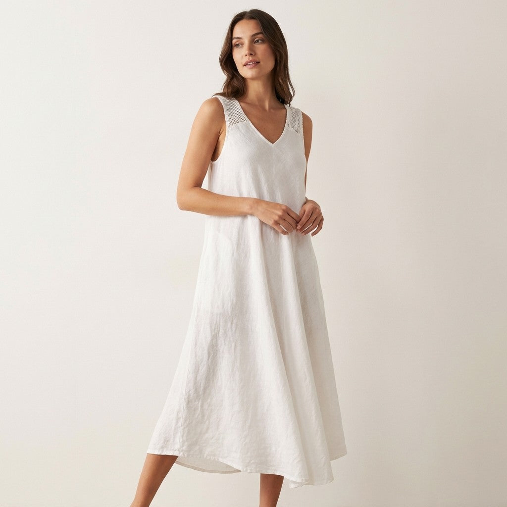 Robe Midi Col V Bretelles Piqués Larges à Poches 100% Lin