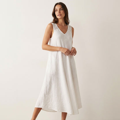 Robe Midi Col V Bretelles Piqués Larges à Poches 100% Lin