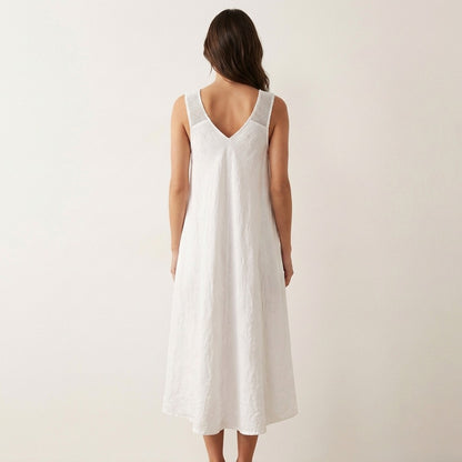 Robe Midi Col V Bretelles Piqués Larges à Poches 100% Lin