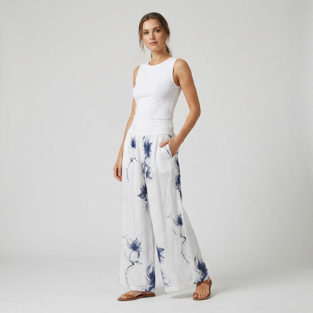 Pantalon Coupe Large Taille Élastique Motif Fleuri à Poches 100% Lin