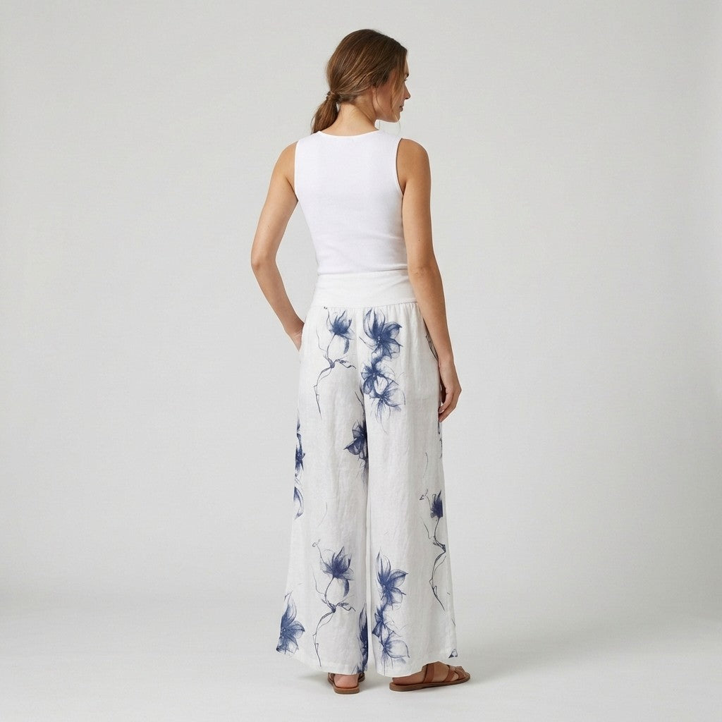 Pantalon Coupe Large Taille Élastique Motif Fleuri à Poches 100% Lin