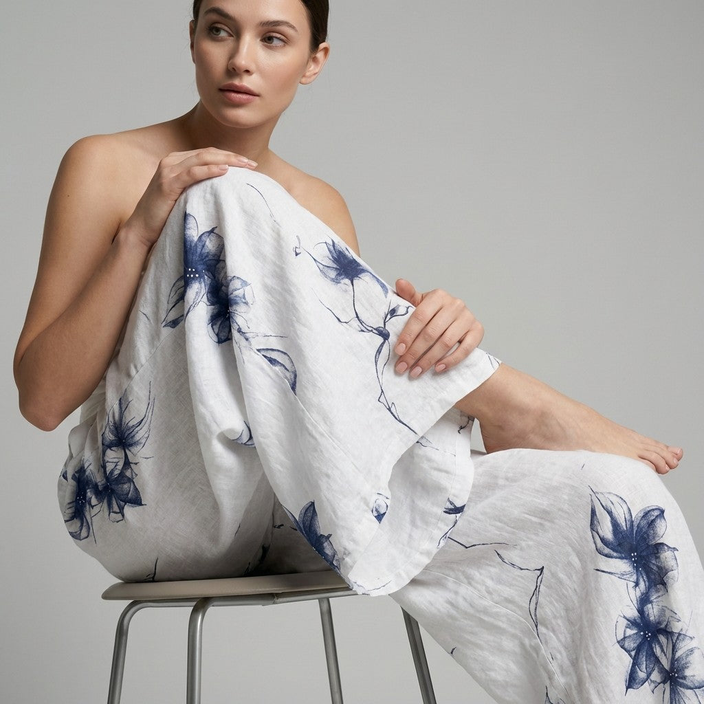 Pantalon Coupe Large Taille Élastique Motif Fleuri à Poches 100% Lin