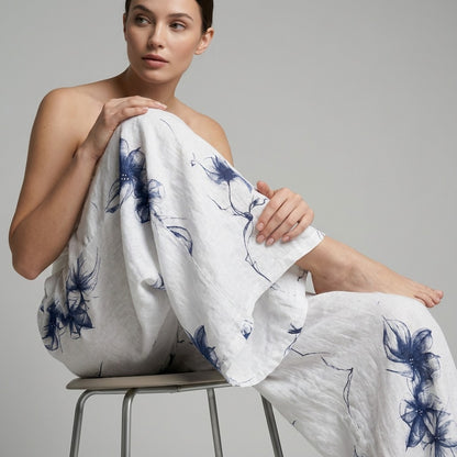 Pantalon Coupe Large Taille Élastique Motif Fleuri à Poches 100% Lin