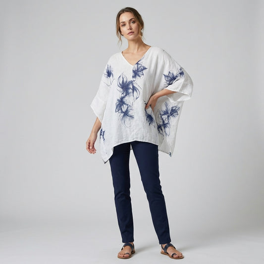 T-Shirt Manche Chauve-Souris Col V Motif Fleuri à Poches 100% Lin