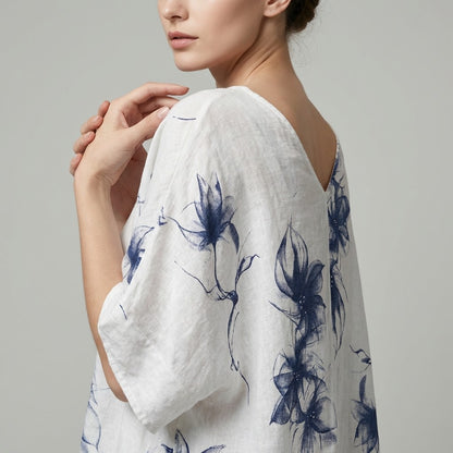 T-Shirt Manche Chauve-Souris Col V Motif Fleuri à Poches 100% Lin