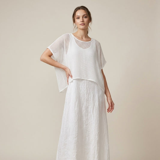 Ensemble Haut Maille Large & Robe à Poches Col V 100% Coton & 100% Lin