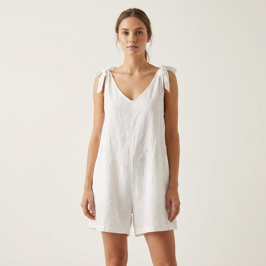 Combishort Débardeur à Bretelles Nouées 100% Lin