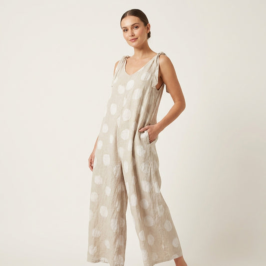 Combinaison à Pois Bretelles Nœuds Ajustables 100% Lin