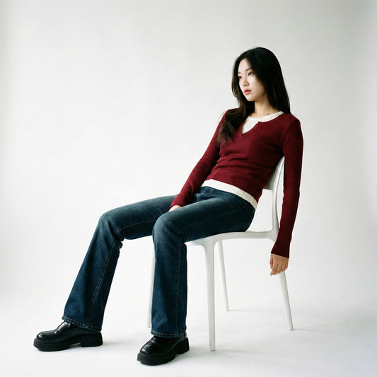 Pull Léger Côtelé Effet Superposé Bicolore Col Fendu