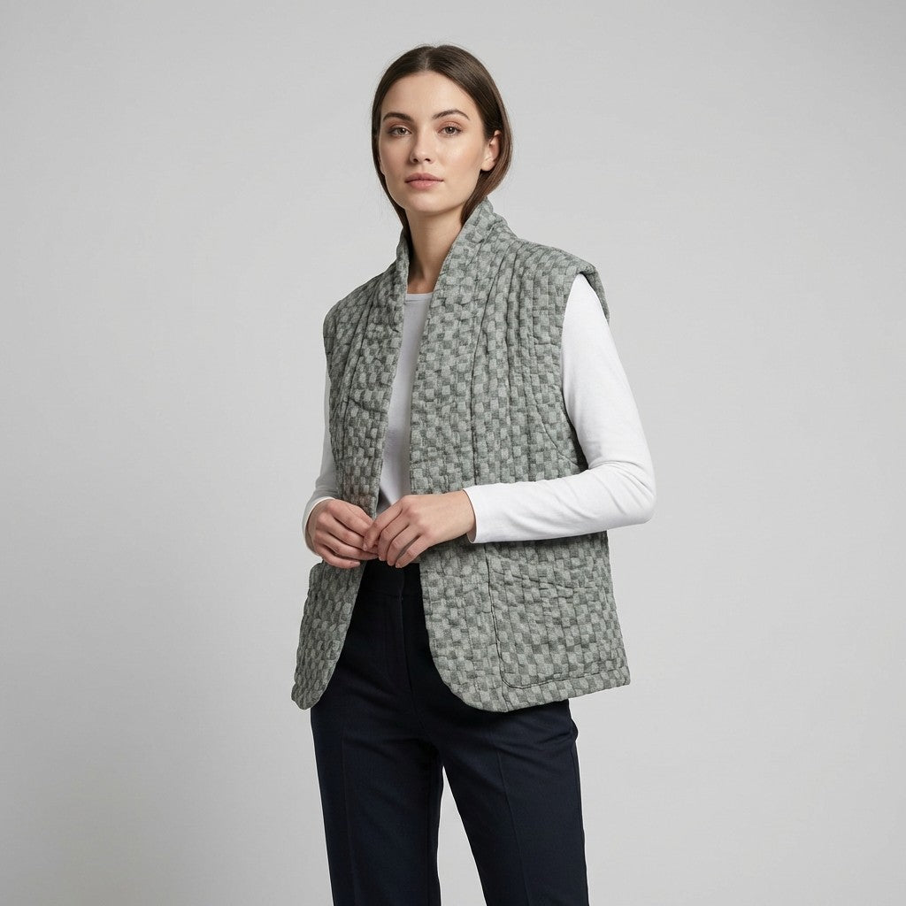 Gilet Motif Carreaux En Polyester Lin Poches Fonctionnelles