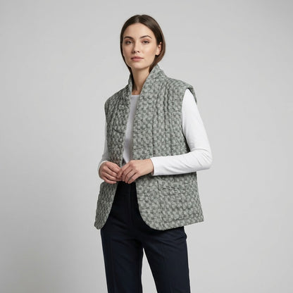 Gilet Motif Carreaux En Polyester Lin Poches Fonctionnelles