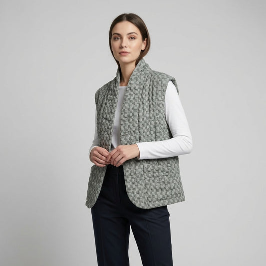 Gilet Motif Carreaux En Polyester Lin Poches Fonctionnelles
