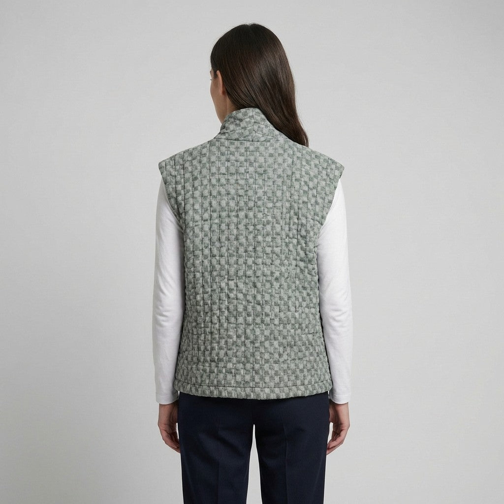 Gilet Motif Carreaux En Polyester Lin Poches Fonctionnelles