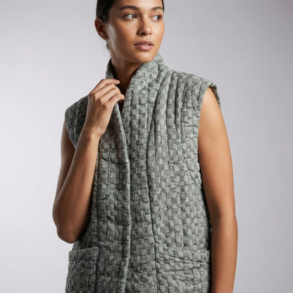 Gilet Motif Carreaux En Polyester Lin Poches Fonctionnelles