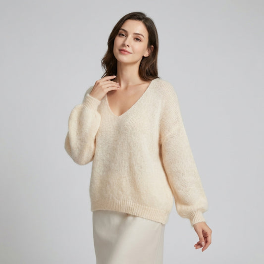 Pull Maille Large Col V Manche Longue Côtelé 80% Kid Mohair