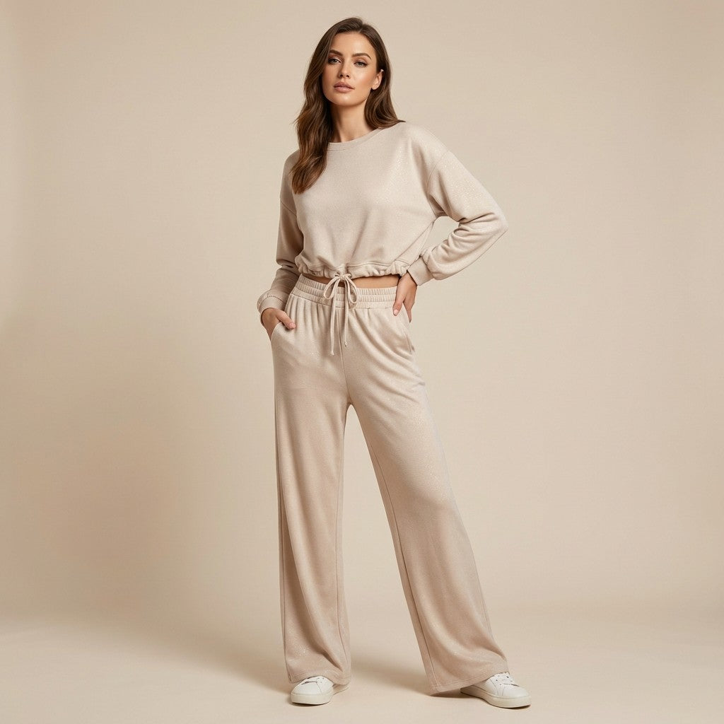 Ensemble Sweat & Pantalon Crop Top Cordon Lurex 95% Viscose