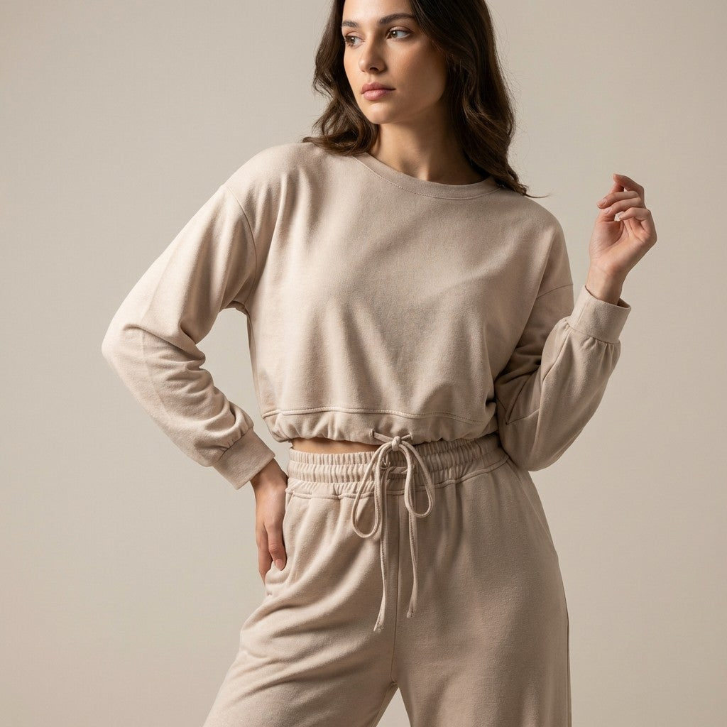 Ensemble Sweat & Pantalon Crop Top Cordon Lurex 95% Viscose